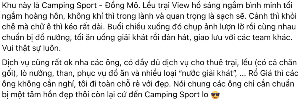 Hội mê cắm trại nói gì về Camping Sport Đồng Mô