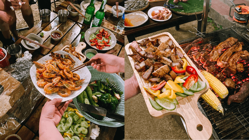 Tiệc nướng BBQ được chuẩn bị tươm tất ở khu du lịch Hồ Kênh Hạ