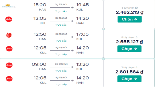 Giá vé máy bay từ Hà Nội đến Kuala Lumpur