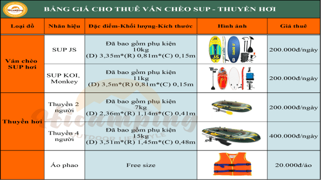 Cho thuê ván chèo sup - thuyền hơi